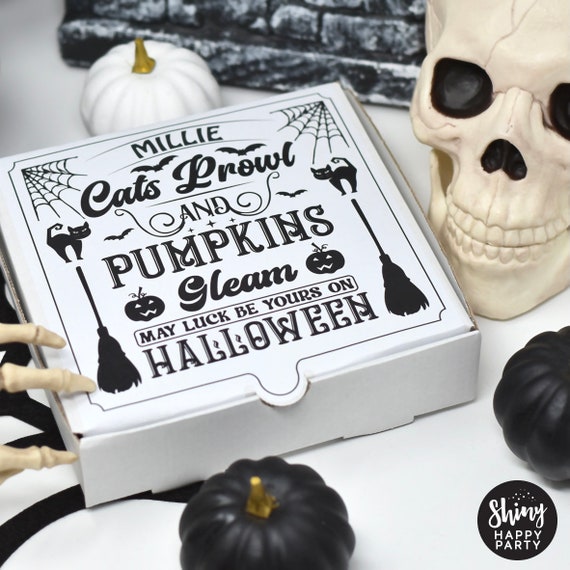 HALLOWEEN PIZZA BOX Black & White Personalised 7" Party Box. Small Pizza. Sweets, Treats, Nibbles, Gifts. Add Bottle Wrappers to match.