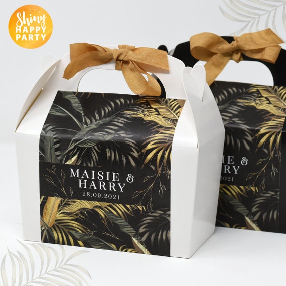GOLD PALM Personalised Wedding Favor Box, Cake, Sweets, Gift Boxes. Matching Table Decor & Paperie available.
