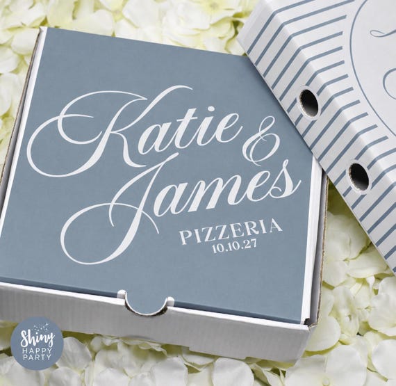 Dusky Blue Personalised Wedding Pizza Box - 7"  Minimalist Elegant Favour for Guests Grazing Treats Gifts - Sophistication in Every Slice