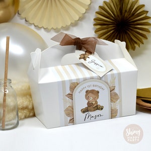 Scatola per feste personalizzata a righe marroni BROWN BEAR - Aggiungi carta coordinata per coordinare le decorazioni della festa - Sacchetti regalo per apparecchiare la tavola Adesivi per compleanno