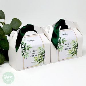 WEDDING GREEN LEAF Personalised Wedding Favor Box, Cake, Sweets, Gift Boxes. Matching Table Decor & Paperie available.