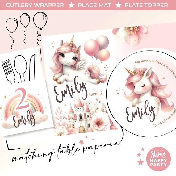 UNICORN PINK BABY Personalised Party Box - Add matching paperie co-ordinate your party decor - Table Settings Gift Bags Birthday Stickers