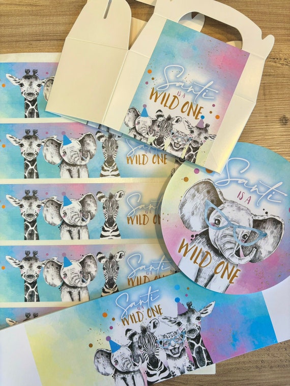 WILD ONE PARTY Safari Animals Personalised Party Box - Add matching paperie - Table Settings Gift Bags Birthday Stickers Bottle Wrappers