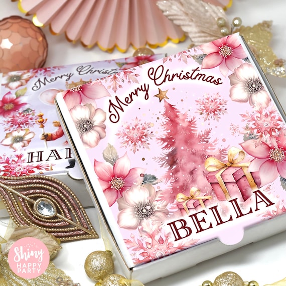 PINK CHRISTMAS PIZZA Box Pink Personalised 7" Pizza Party Box Gifts Graze Food Sweets Treats Nibbles Favors. Add Bottle Wrappers to match