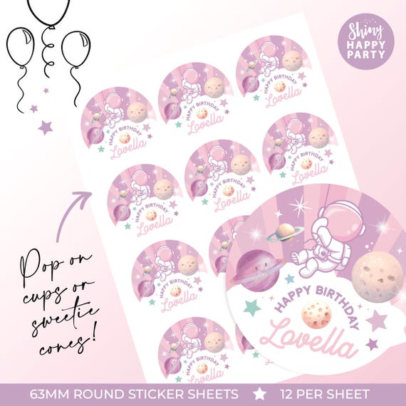 SPACE PINK ASTRONAUT Personalised Party Box Add matching paperie to co-ordinate your party decor Table Settings Gift Bags Birthday Stickers