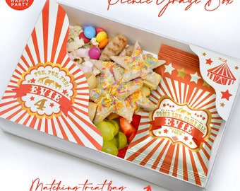 CIRCUS GRAZE BOX Personalised Deluxe Party Box with Clear Lid. Party Food Tray. Fill with Sweets and Treats. Matching Treat Bag Available