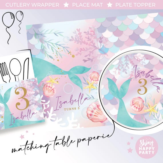 MERMAID PASTEL SEA Personalised Party Box - Add matching paperie to co-ordinate your party decor -Table Settings Gift Bags Birthday Stickers