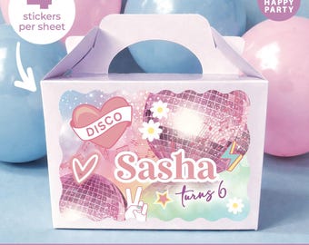 Personalised Pastel Disco Birthday Party Bag Box Stickers - Retro Dance Music Labels