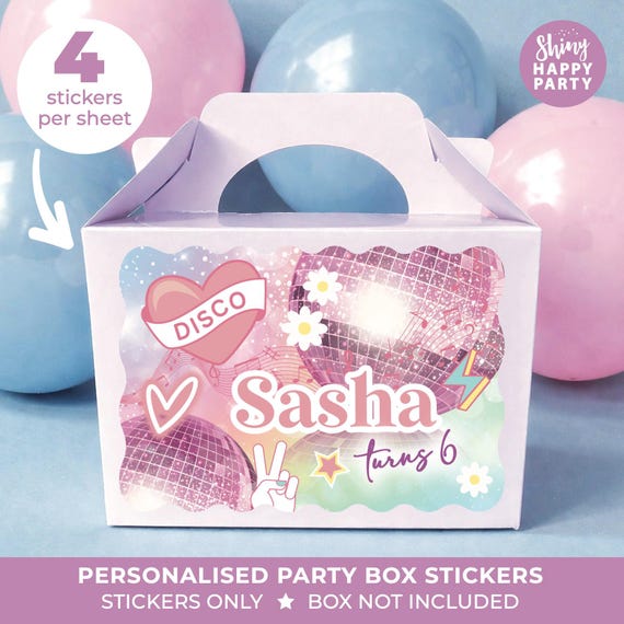 Personalised Pastel Disco Birthday Party Bag Box Stickers - Retro Dance Music Labels