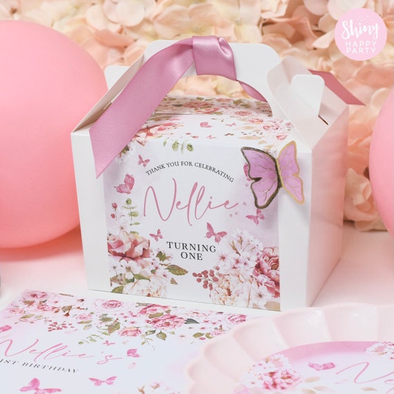 BUTTERFLIES and ROSES Personalised Party Box - Add matching paperie to co-ordinate party decor - Table Settings Gift Bags Birthday Stickers