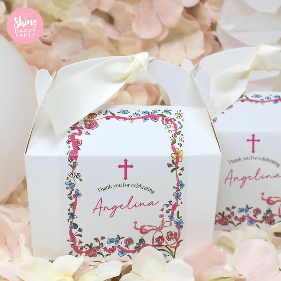 CHRISTENING BAPTISM Floral Bow Personalised Party Box Add matching paperie to co-ordinate your party decor Table Settings Gift Bags Stickers