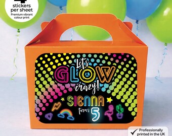Personalised Neon Glow Birthday Bag Box Stickers - Let's Glow Party Labels
