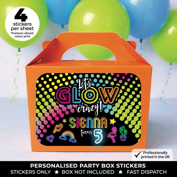 Personalised Neon Glow Birthday Stickers - Let's Glow Party Labels