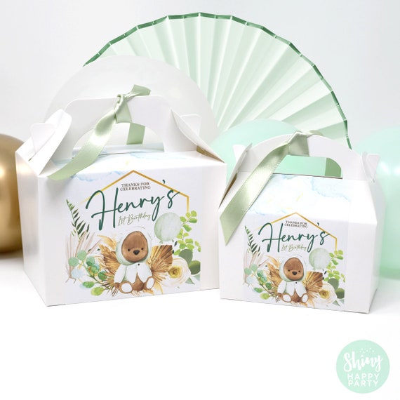 SAGE BEAR Personalised Party Box - Add matching paperie to co-ordinate your party decor - Table Settings Gift Bags Birthday Stickers