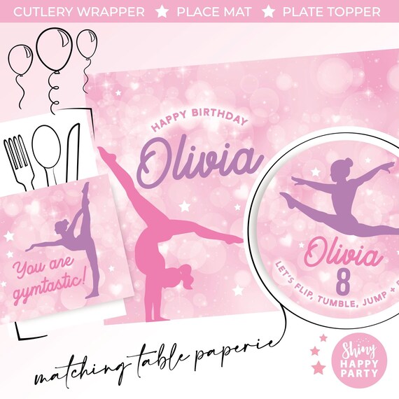GYMNASTICS FLIP JUMP Personalised Party Box - Add matching paperie co-ordinate your party decor - Table Settings Gift Bags Birthday Stickers
