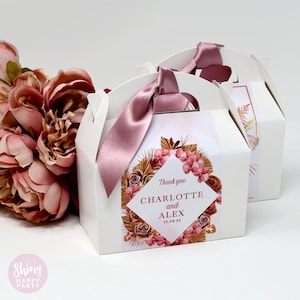 PINK ROSE PALM Personalised Wedding Favor Box, Cake, Sweets, Gift Boxes. Matching Table Decor & Paperie available.