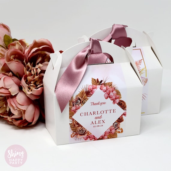 PINK ROSE PALM Personalised Wedding Favor Box, Cake, Sweets, Gift Boxes. Matching Table Decor & Paperie available.