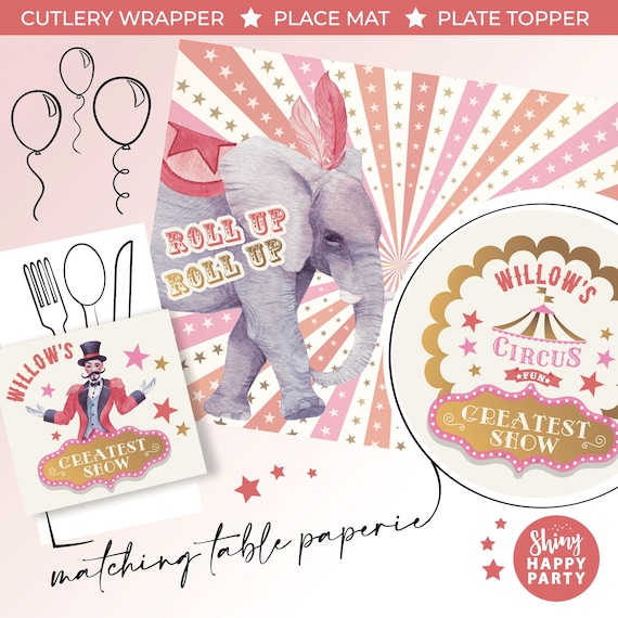 PINK SHOWTIME CIRCUS Personalised Party Box - Add matching paperie to co-ordinate party decor - Table Settings Gift Bags Birthday Stickers