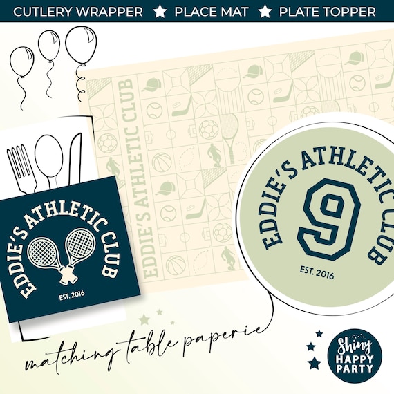 Athletics Club SPORTS Party Box & Stationery- Personalised Placemats, Plate Toppers, Bottle Wrappers, Stickers - Kid's Birthday Decorations