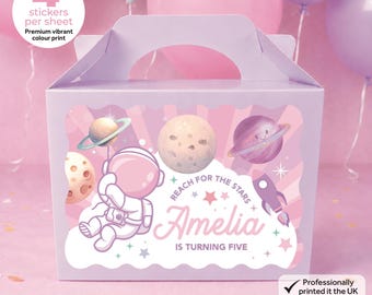 Personalised Pink Purple Space Birthday Party Bag Box Stickers - Galaxy Planet Labels