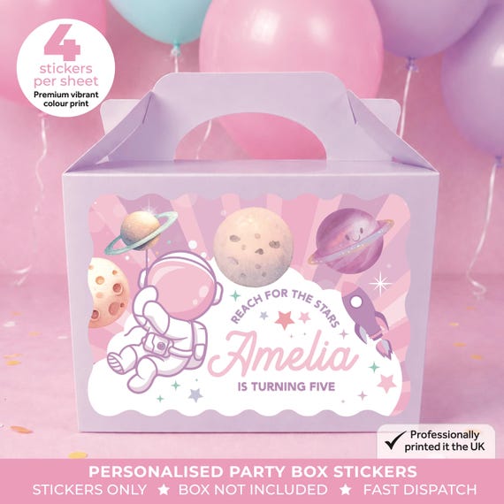 Personalised Pink Purple Space Birthday Party Bag Box Stickers - Galaxy Planet Labels