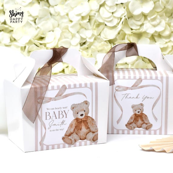 BEAR BABY SHOWER Bow Personalised Party Box - Add matching paperie to co-ordinate your party decor - Table Settings Gift Bags Stickers