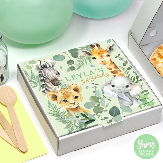 JUNGLE BABIES PIZZA Box Personalised 7" Party Box. Small Pizza. Graze Box. Sweets, Treats, Nibbles, Gifts. Add Bottle Wrappers to match.