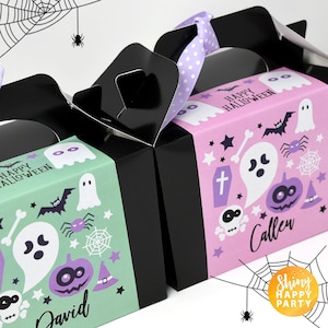 HAPPY HALLOWEEN GHOST Personalised Party Box, Bottle Wrappers, Cutlery Wraps, Place Mats, Plate Toppers, Stickers. Treat Bags sweet boxes