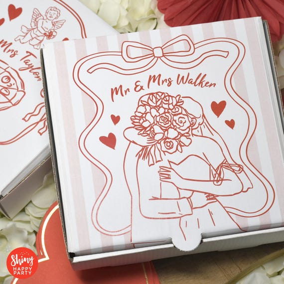 WEDDING PIZZA BOX Personalised 7" Black/White Party Box. Small Pizza. Sweets, Nibbles, Gifts, Favors. Add Bottle Wrappers to match