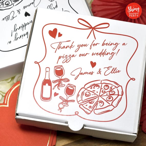 WEDDING PIZZA BOX Personalised 7" Black/White Party Box. Small Pizza. Sweets, Nibbles, Gifts, Favors. Add Bottle Wrappers to match