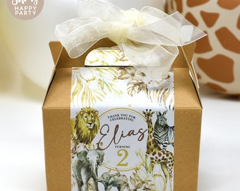 JUNGLE SAFARI ANIMALS Caja de fiesta personalizada - Agregue paperie a juego para coordinar la decoración de la fiesta - Configuración de mesa Bolsas de regalo Pegatinas de cumpleaños