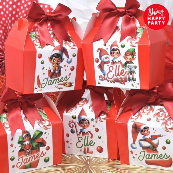 CHRISTMAS ELF BOXES Personalised Treats - Fill with festive gifts, sweets and treats Set of five different designs