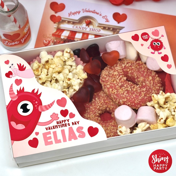 Valentine Monsters GRAZE BOX Personalised Deluxe Party Boxes with Clear lid. Food Tray for you to fill with treats and sweets