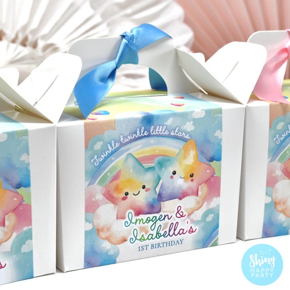 Twinkle Little Stars Joint Twin Bestie Birthday Party Box - Soft Pastel Stars Rainbow - Baby & Toddler Table Decor Birthday Stickers