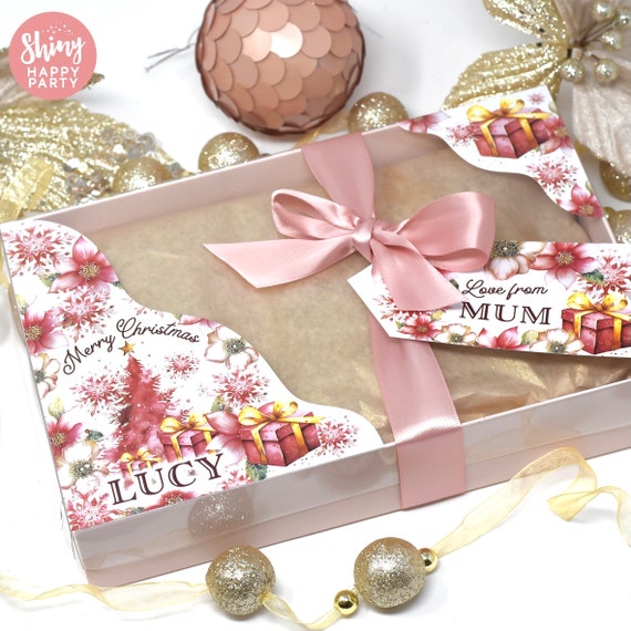 PINK Festive GRAZE BOX Personalised Party Box with Clear Lid. Gift Tag & Ribbon. Fill with Sweets and Treats.