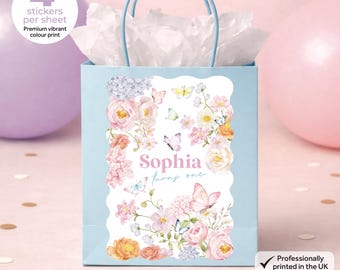 Personalised Pastel Butterfly Birthday Party Bag Box Stickers - Floral Labels