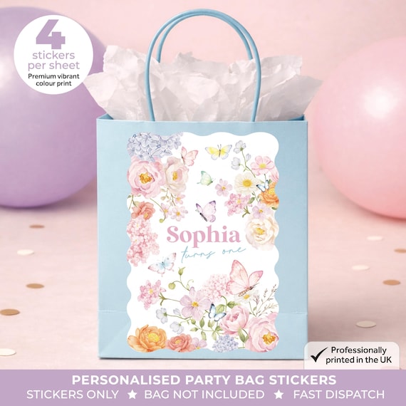 Personalised Pastel Butterfly Birthday Party Bag Box Stickers - Floral Labels