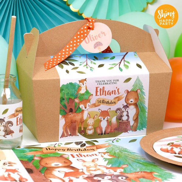 WOODLAND PICNIC Personalised Party Box - Add matching paperie to co-ordinate your party decor - Table Settings Gift Bags Birthday Stickers