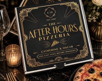 ART DECO Pizzeria Pizza Box Personalised 7" Black Gold Party for Elegant Wedding Grazing, Treats, Gifts Favors Sophistication in Every Slice