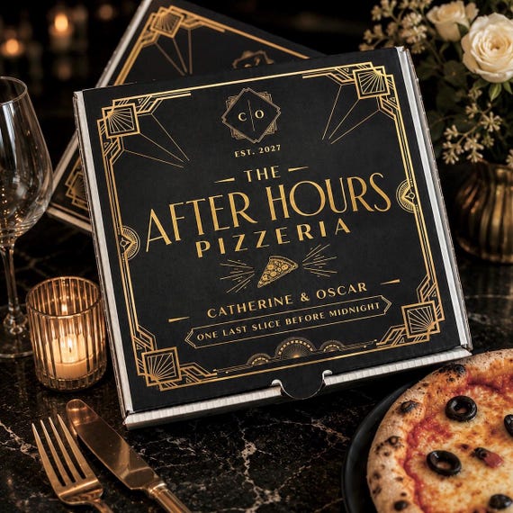 ART DECO Pizzeria Pizza Box Personalised 7" Black Gold Party for Elegant Wedding Grazing, Treats, Gifts Favors Sophistication in Every Slice