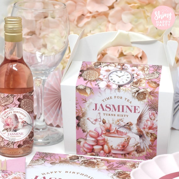 FLORAL BIRTHDAY TEA Personalised Party Box - Add matching paperie to co-ordinate your party decor - Table Settings Gift Bags Stickers