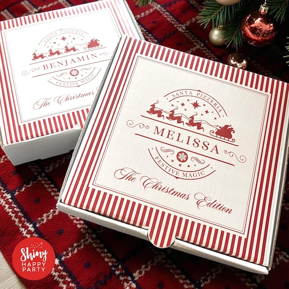 FESTIVE Stripe Christmas Pizzeria Personalised 7" Pizza Party Box Gifts Graze Food Sweets Treats Snacks Favors. Add Bottle Wrappers to match