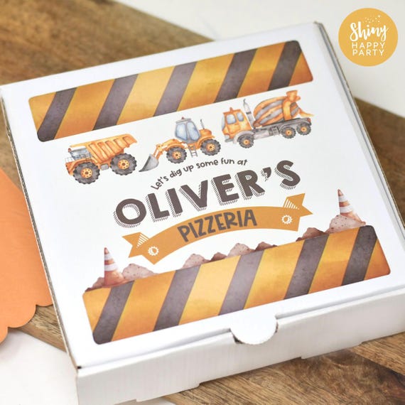 CONSTRUCTION Digger PICNIC BOX Personalised 7" Party Box Small Pizza Graze Sweets Treats Nibbles Gifts. Add Bottle Wrappers to match.