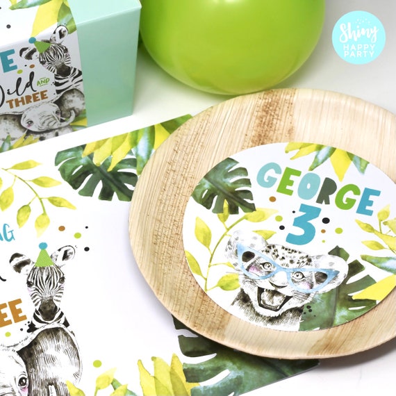 WILD JUNGLE  ANIMALS Personalised Party Box - Add matching paperie to co-ordinate party decor -Table Settings Gift Bags Birthday Stickers