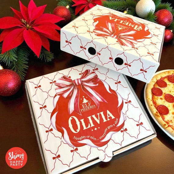 CHRISTMAS Candy Cane Bow Pizzeria Personalised 7" Pizza Party Box Gifts Graze Food Sweets Treats Snacks Favors. Add Bottle Wrappers to match