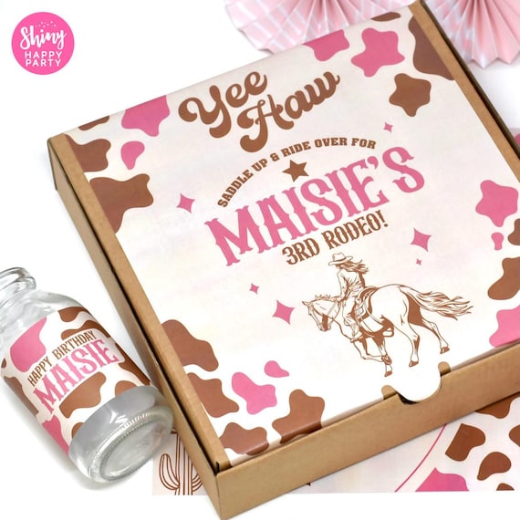 Yeehaw Cowgirl! Pink Western Rodeo Party Box – Cow Print Personalised 7" Pizza Graze Box with Tableware, Stickers & Bottle Wrappers