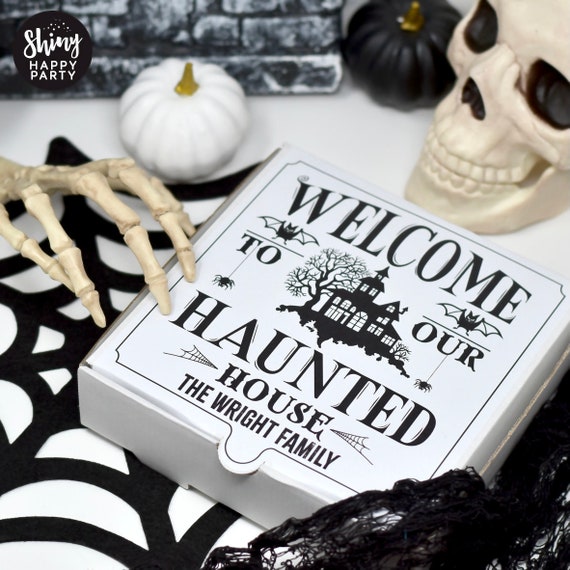 HALLOWEEN PIZZA BOX Black & White Personalised 7" Party Box. Small Pizza Sweets Nibbles Gifts Add Bottle Wrappers to match