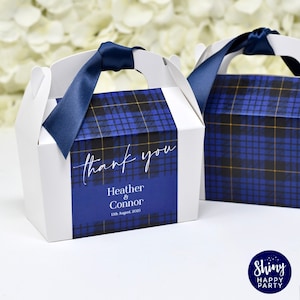 BLUE TARTAN Personalised Wedding Favor Box, Cake, Sweets, Gift Boxes. Matching Table Decor & Paperie available.