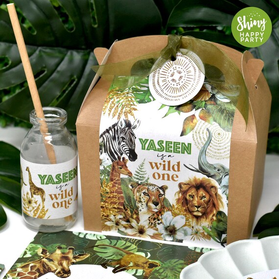 JUNGLE WILD GOLD Personalised Party Box - Add matching paperie to co-ordinate your party decor - Table Settings Gift Bags Birthday Stickers