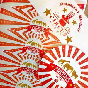 CIRCUS GOLD Personalised Party Box Add matching paperie to co-ordinate your party decor Table Settings Gift Bags Birthday Stickers image 5